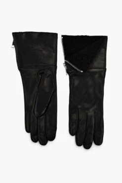 Black Touch Tech Leather With Shearling Cuff Gloves
