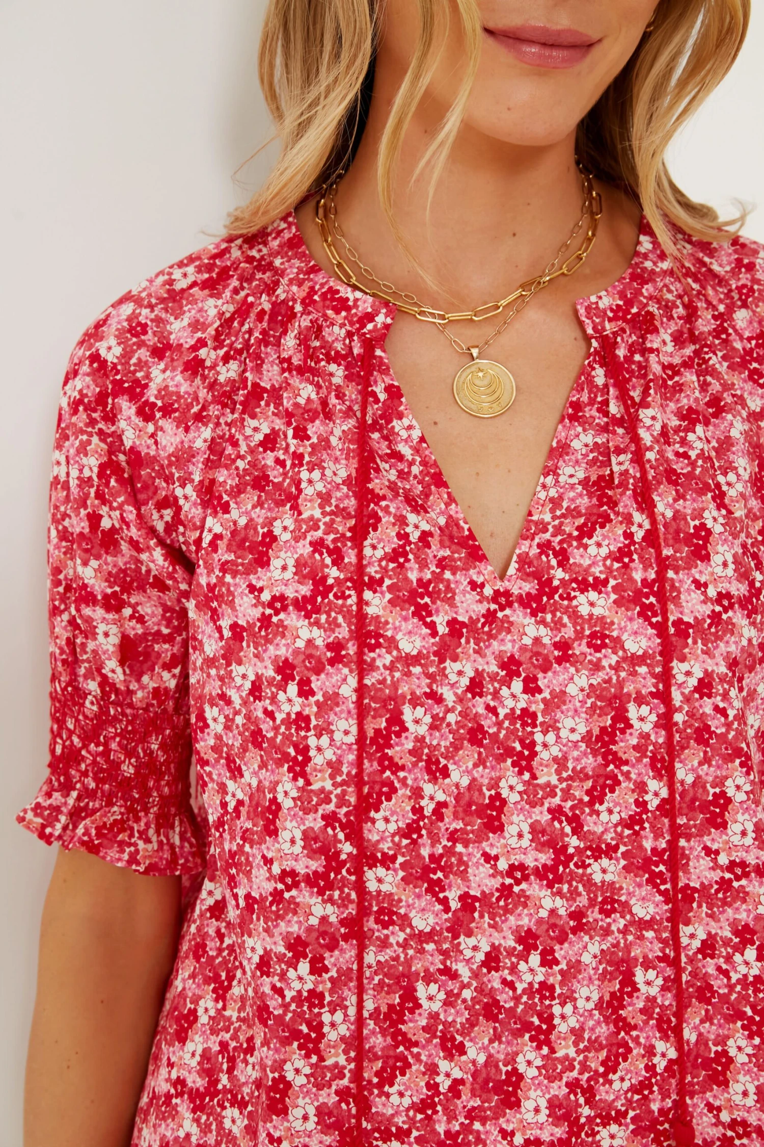 Red And Pink Floral V-Neck Colleen Blouse 7 Red And Pink Floral V-Neck Colleen Blouse - Image 5