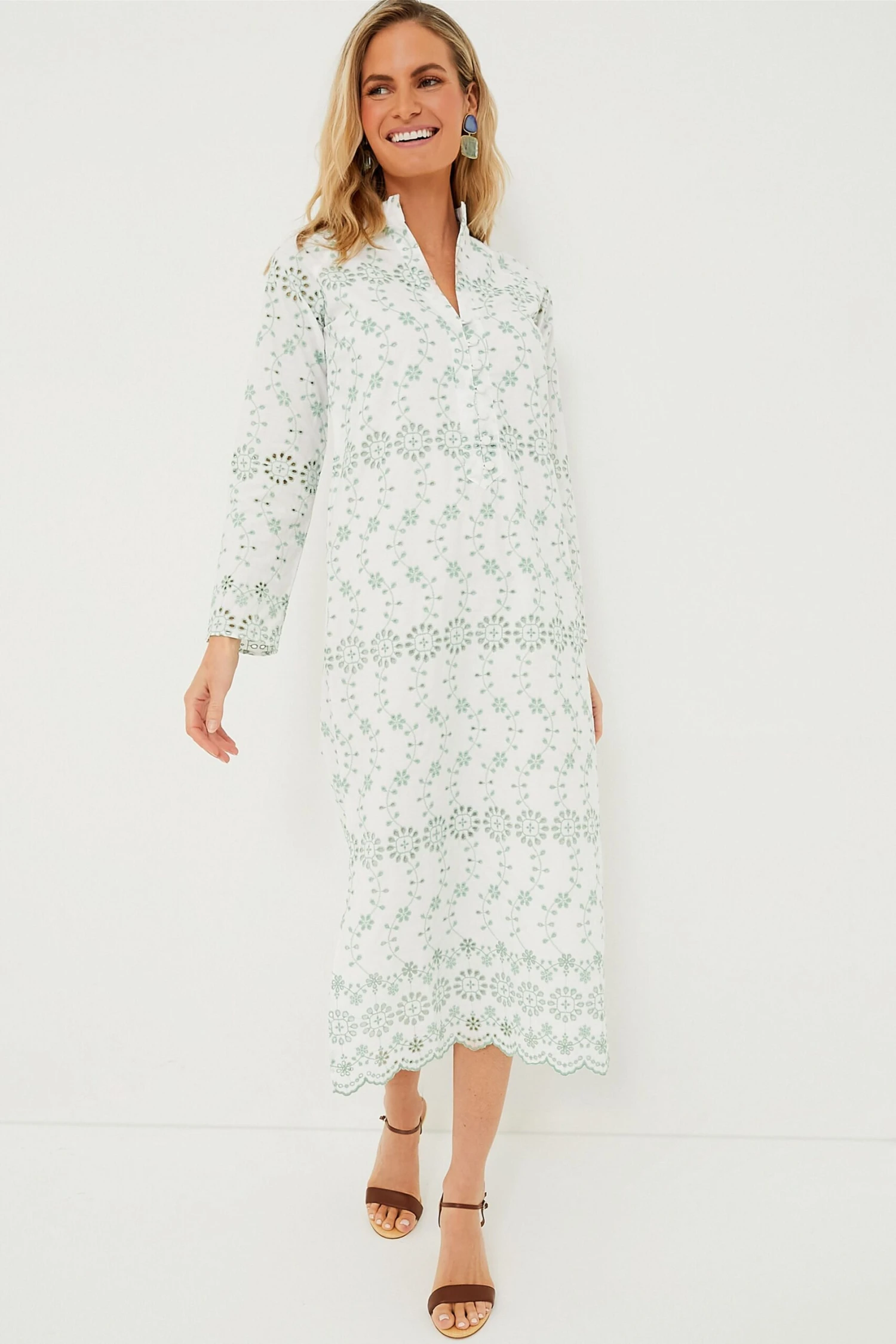 Gasparilla Green Eyelet Button Front Long Sleeve Caftan 3 Gasparilla Green Eyelet Button Front Long Sleeve Caftan