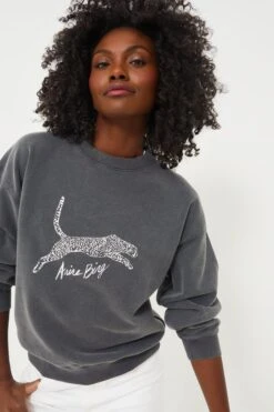 ANINE BING Washed Black Spencer Sweatshirt Spotted Leopard