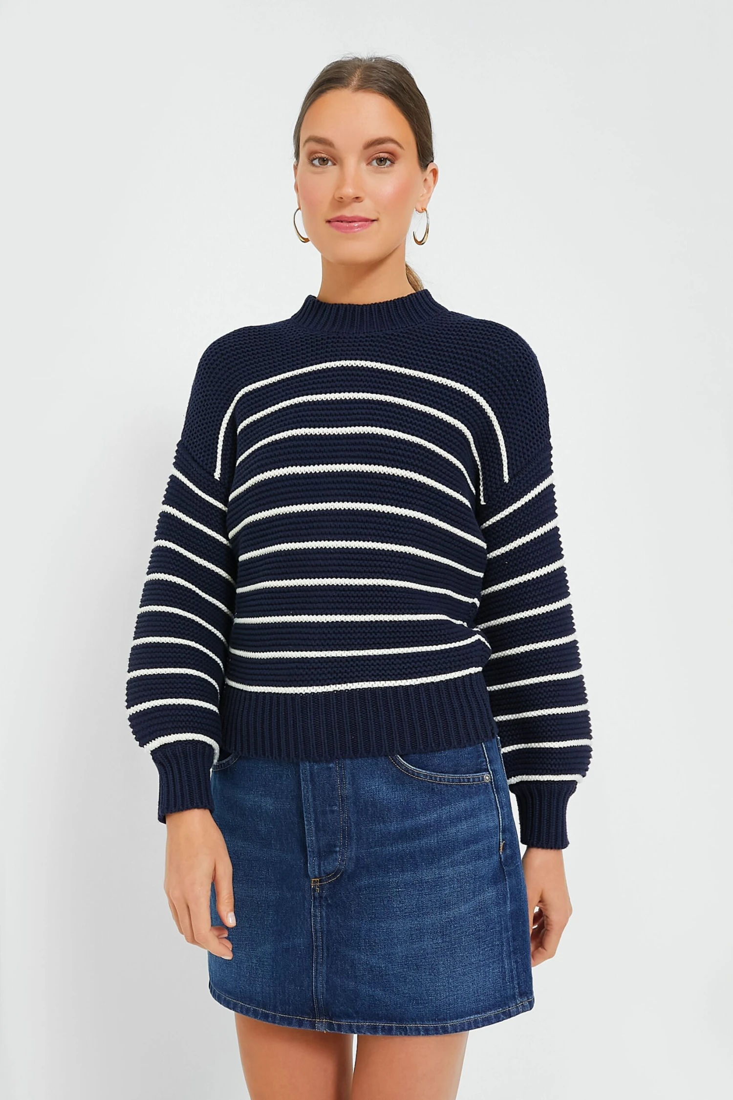Dark Navy And Ivory Stripe Button Back Crewneck Sweater 3 Dark Navy And Ivory Stripe Button Back Crewneck Sweater