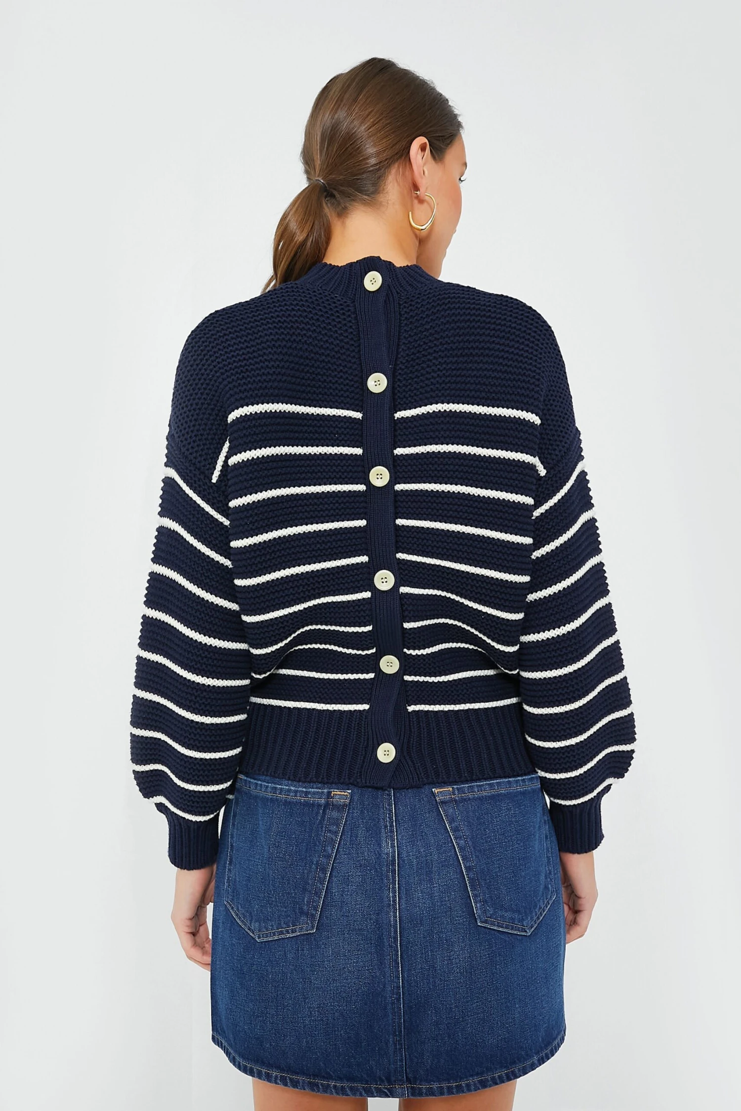 Dark Navy And Ivory Stripe Button Back Crewneck Sweater 6 Dark Navy And Ivory Stripe Button Back Crewneck Sweater - Image 4