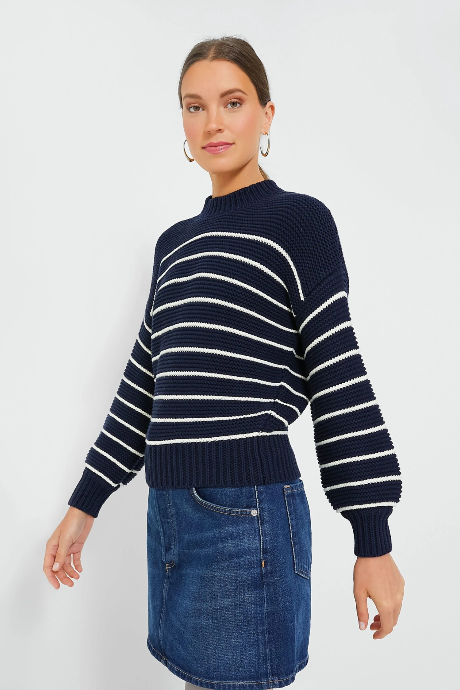 Dark Navy And Ivory Stripe Button Back Crewneck Sweater 5 Dark Navy And Ivory Stripe Button Back Crewneck Sweater - Image 3