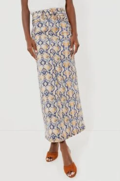 Ganni Safari Print Denim Maxi Slit Skirt