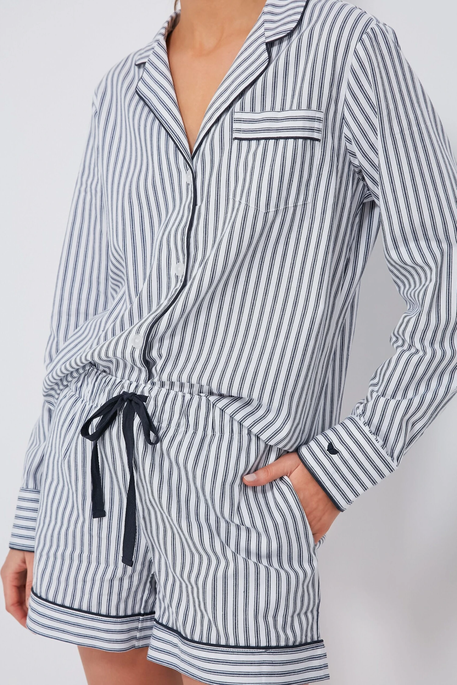 Women's Navy French Ticking Long Sleeve Short Set 7 Women's Navy French Ticking Long Sleeve Short Set - Image 5