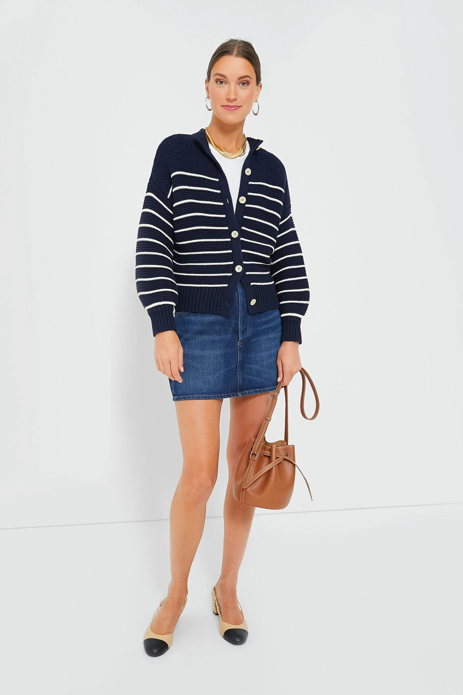 Dark Navy And Ivory Stripe Button Back Crewneck Sweater 4 Dark Navy And Ivory Stripe Button Back Crewneck Sweater - Image 2
