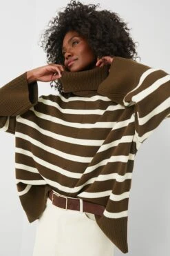 Military Olive And Ecru Striped Turtleneck Sweater