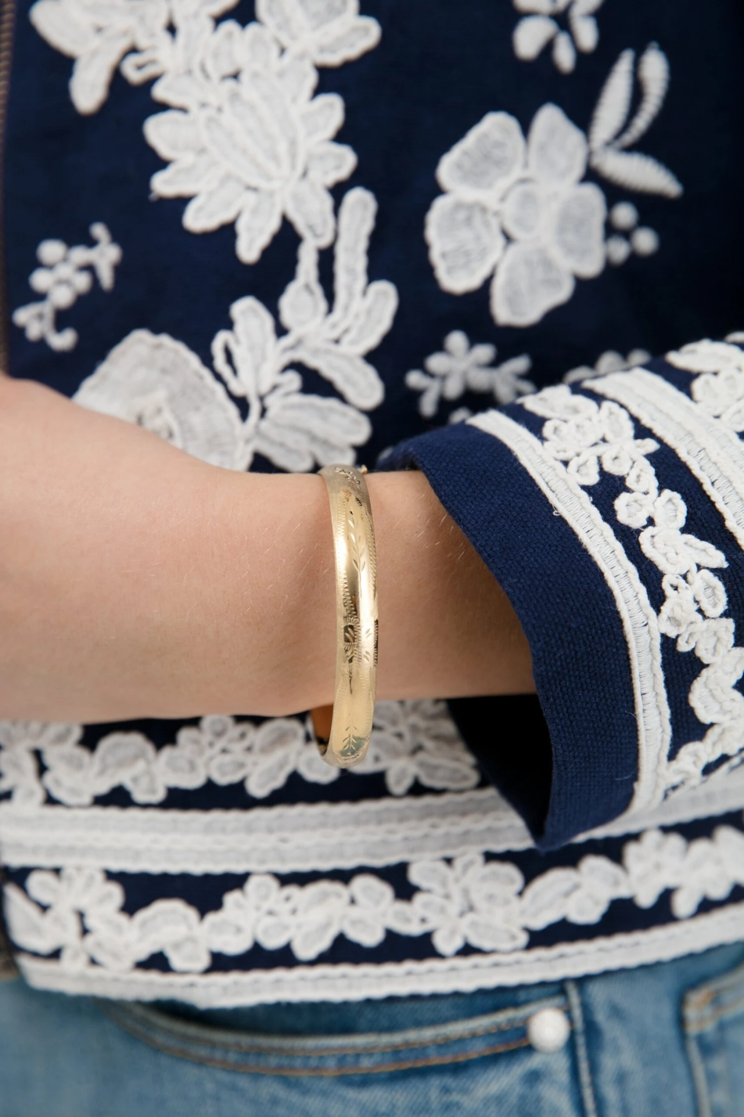 14k Yellow Gold Classic Etched Floral Bangle (.31"w) 4 14k Yellow Gold Classic Etched Floral Bangle (.31"w) - Image 2