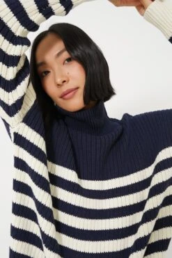 Navy Colorblock Stripe Organic Carolyn Funnel Neck Sweater -Loeffler Cloth Shop eeMXSzinrCa4AxK1ocnHejr33PxoXy4A 1