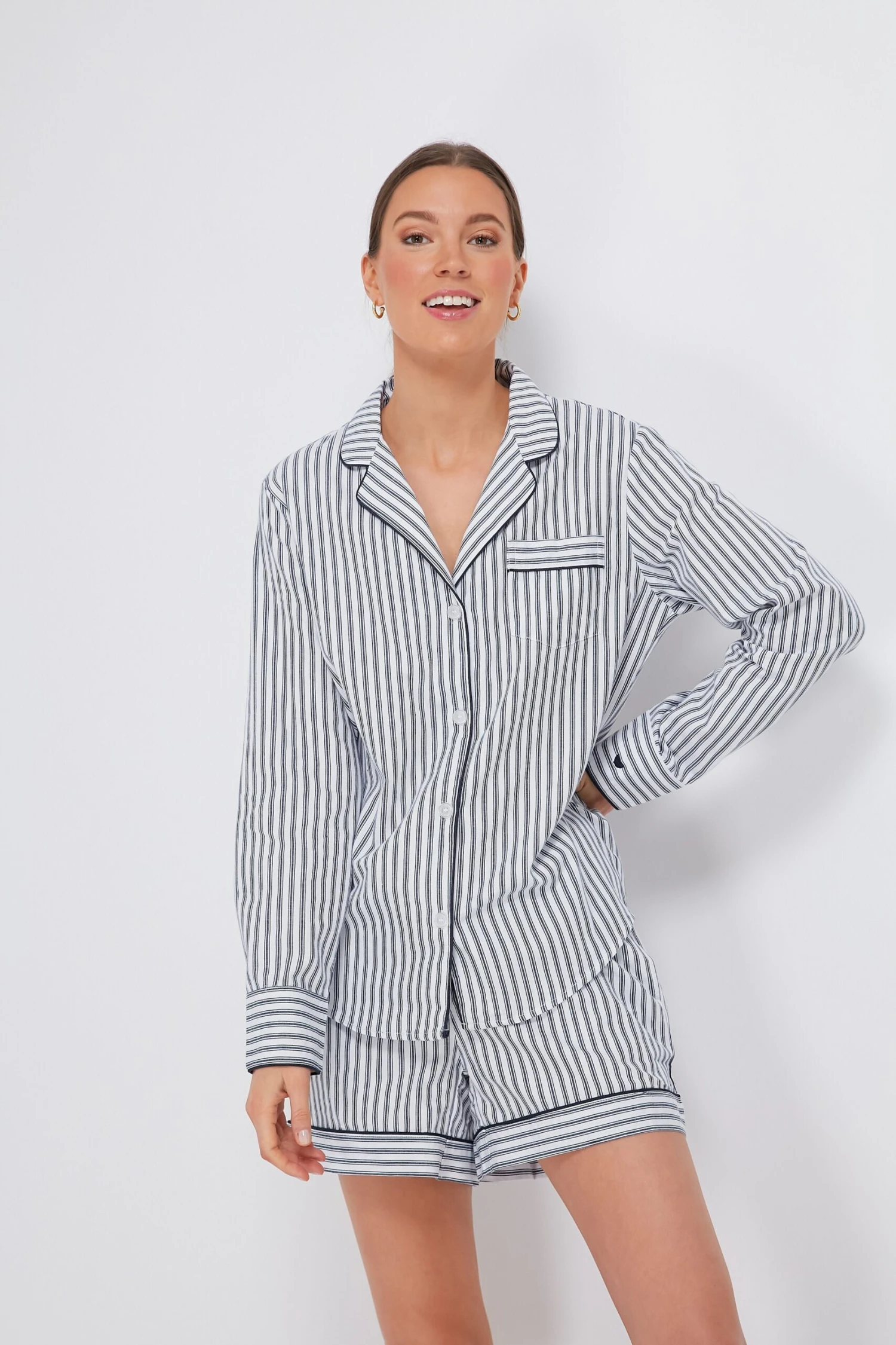 Women's Navy French Ticking Long Sleeve Short Set 3 Women's Navy French Ticking Long Sleeve Short Set