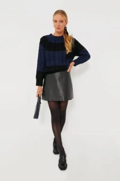 Navy And Black Color Block Cable Sweater