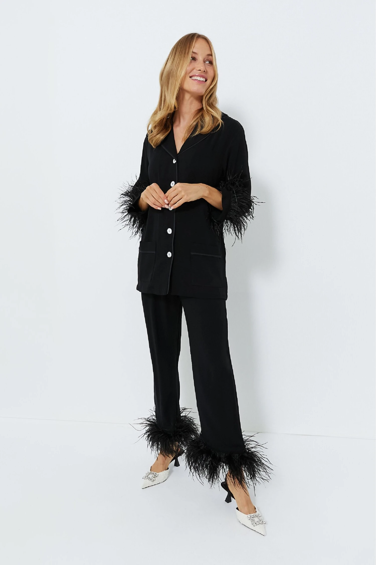 Black Party Pajama Set With Feathers 3 Black Party Pajama Set With Feathers