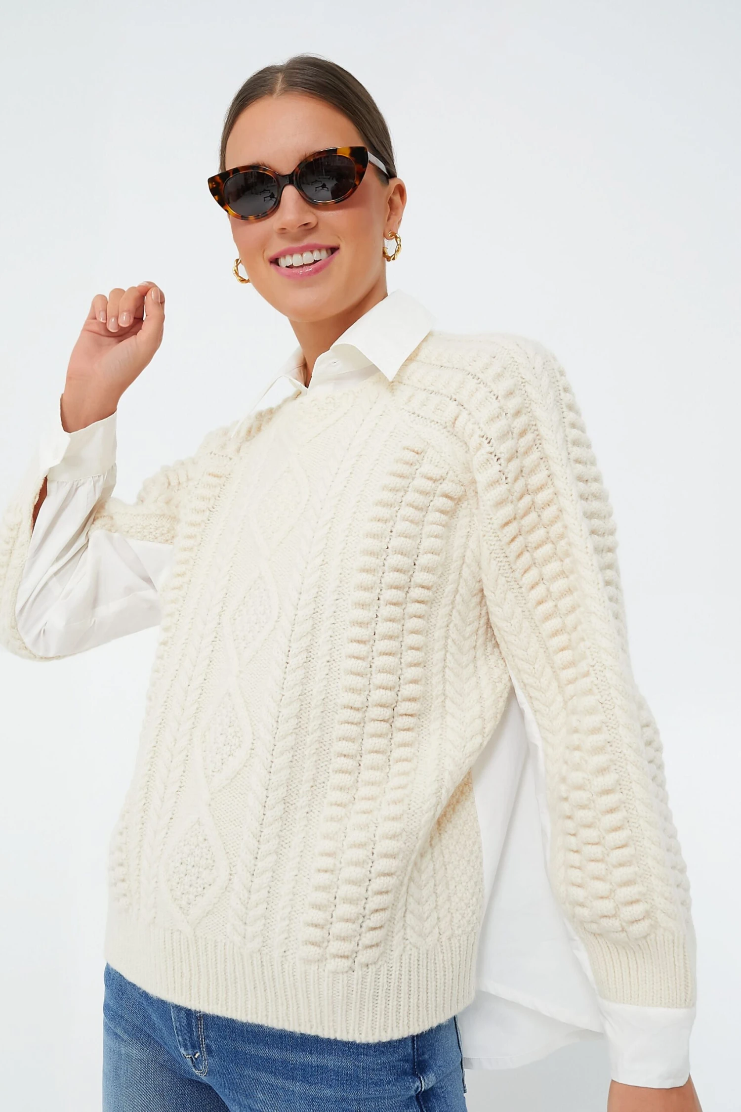 Cream Leni Fisherman Cable Long Sleeve Combo Sweater 3 Cream Leni Fisherman Cable Long Sleeve Combo Sweater