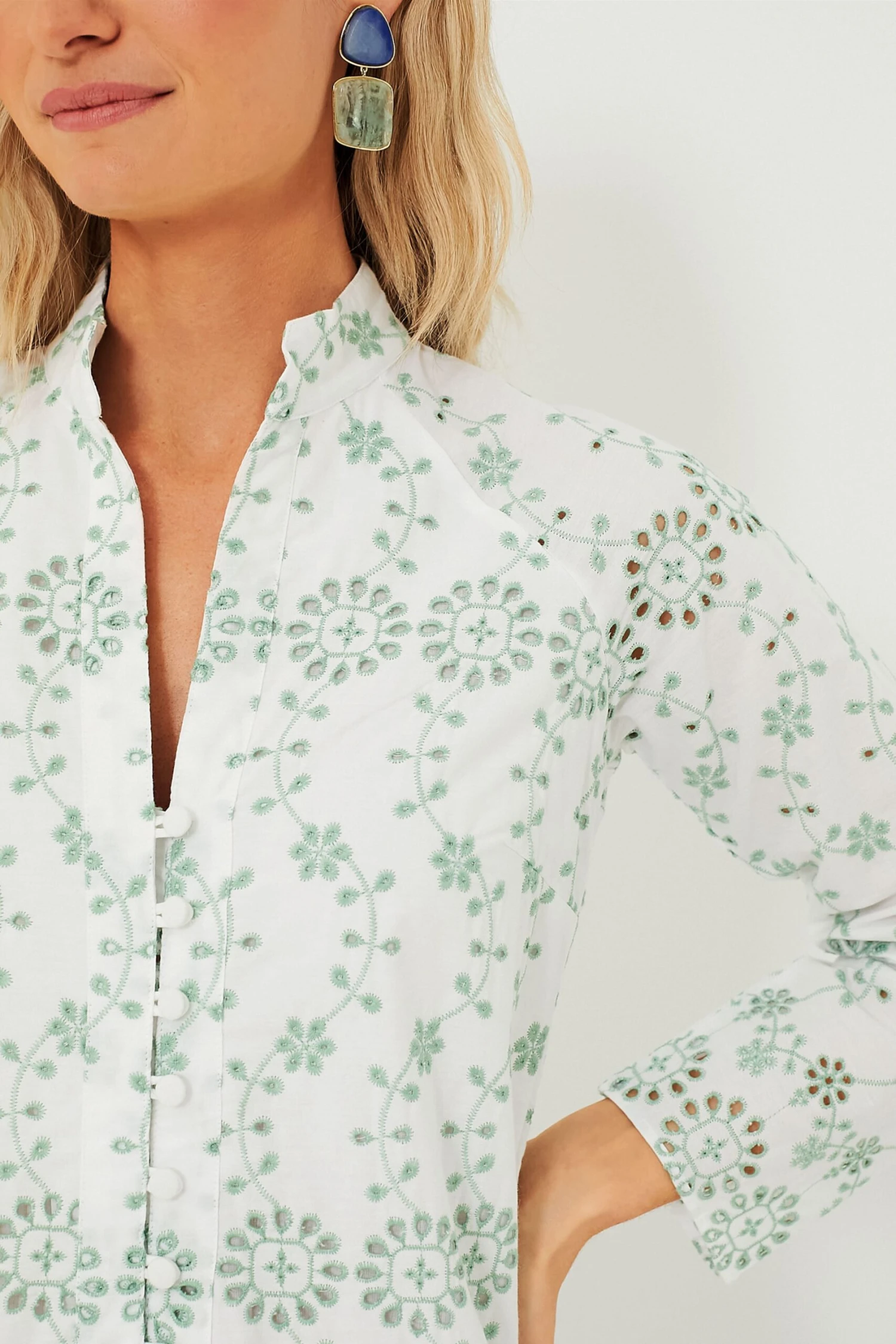 Gasparilla Green Eyelet Button Front Long Sleeve Caftan 4 Gasparilla Green Eyelet Button Front Long Sleeve Caftan - Image 2