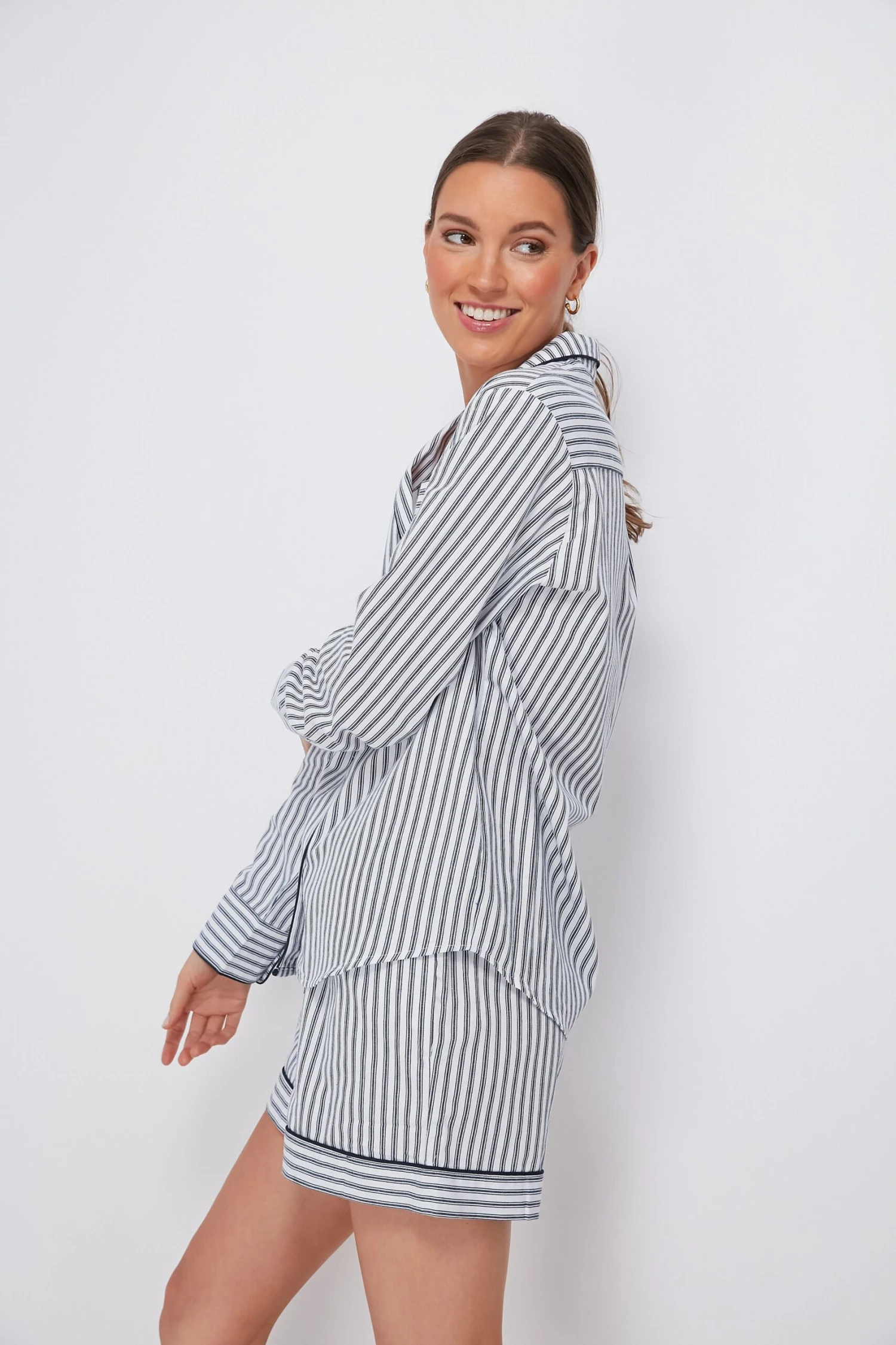 Women's Navy French Ticking Long Sleeve Short Set 5 Women's Navy French Ticking Long Sleeve Short Set - Image 3