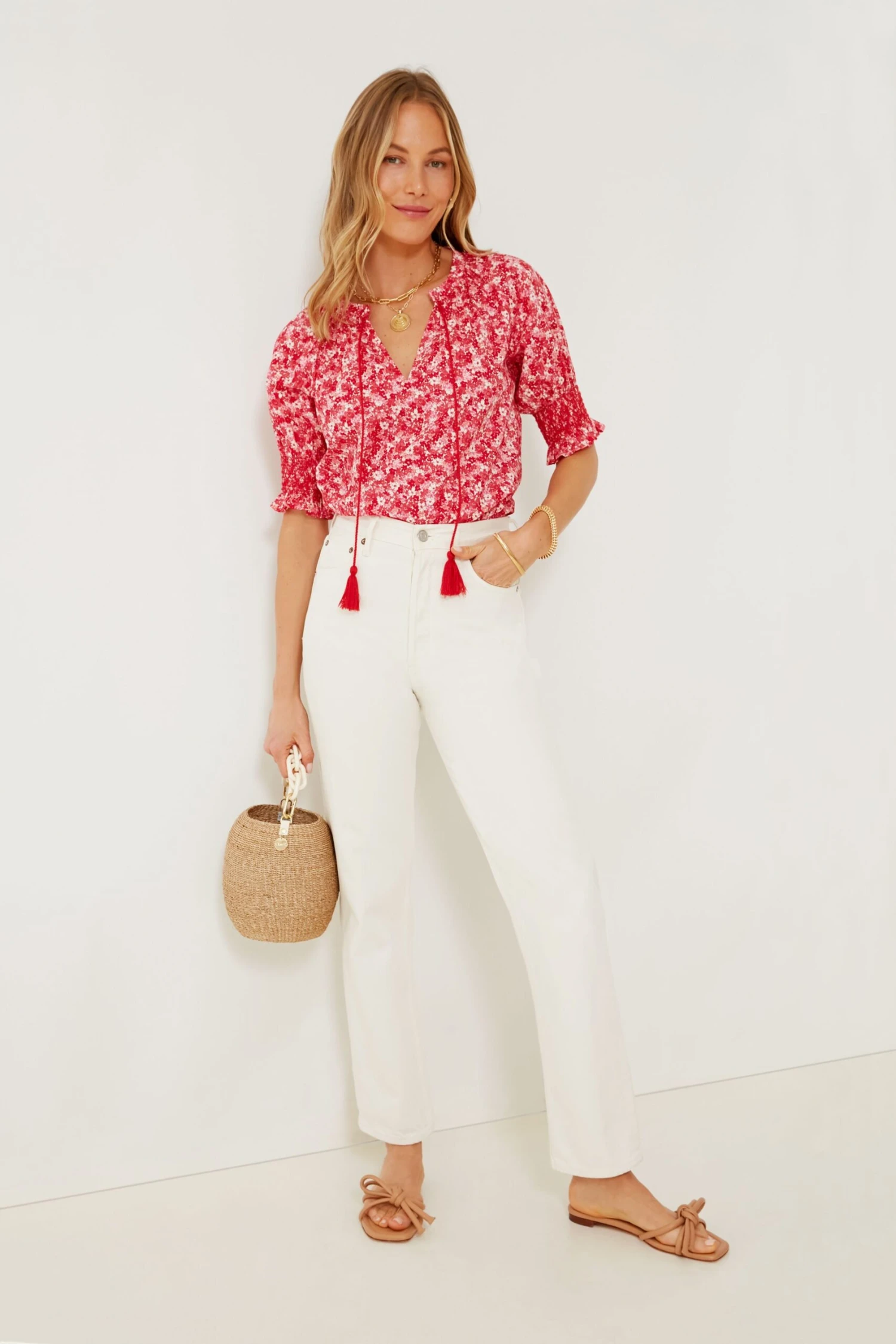 Red And Pink Floral V-Neck Colleen Blouse 4 Red And Pink Floral V-Neck Colleen Blouse - Image 2