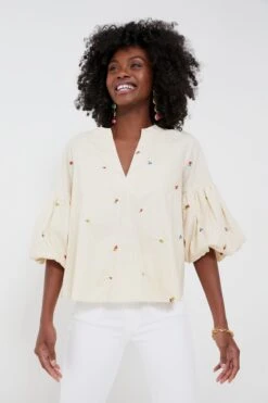 Tan Embroidered Blooms Blouse
