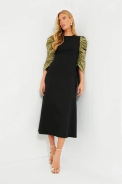 Black Juliet Maxi Dress With Green Printed Sleeves