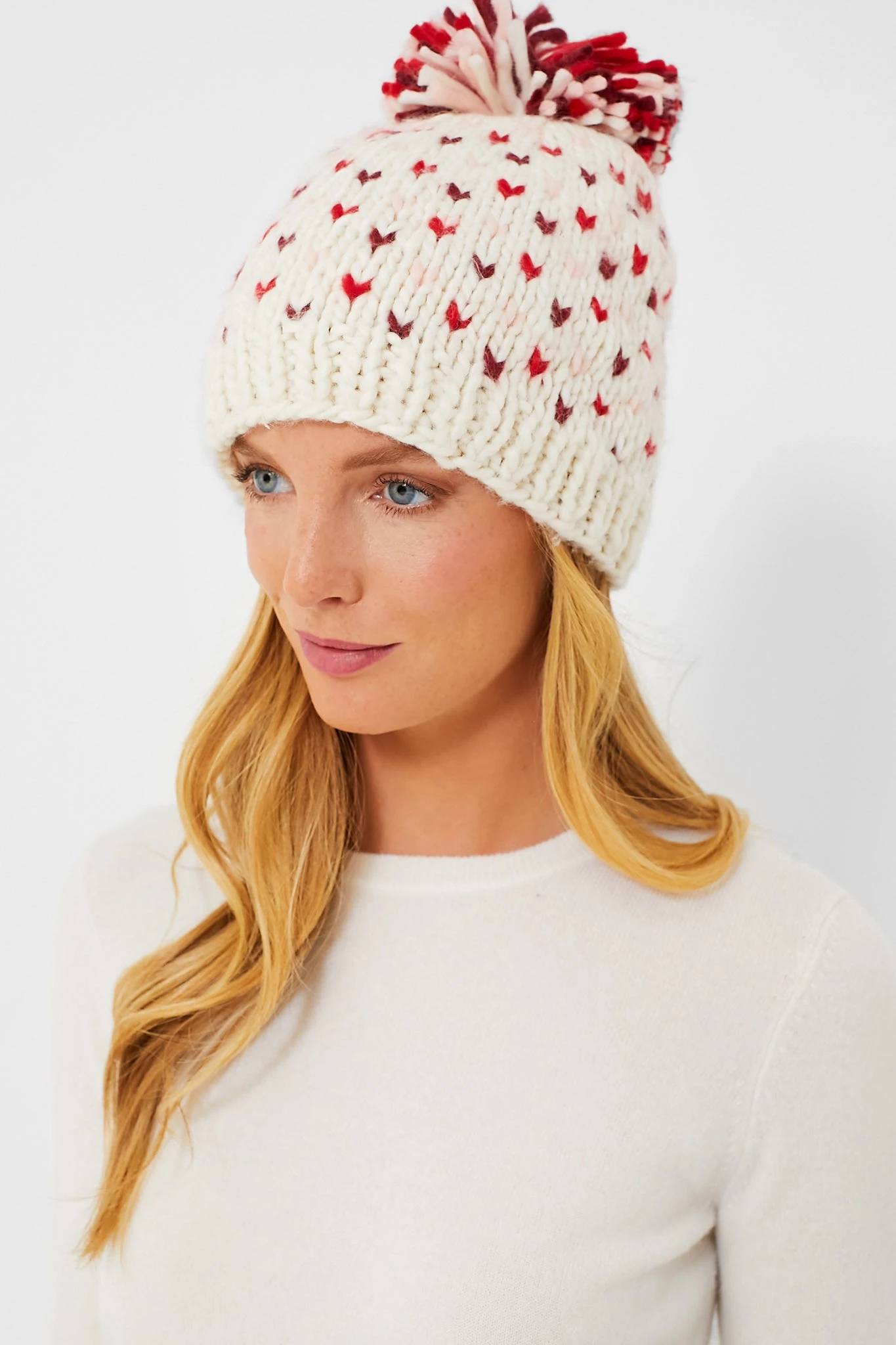 Lollipop Red Hand Knitted Multi Mini Heart Pompom Hat 4 Lollipop Red Hand Knitted Multi Mini Heart Pompom Hat - Image 2